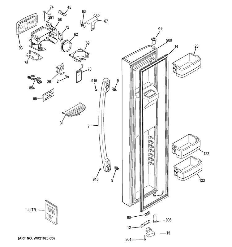 FREEZER DOOR Diagram and Parts List for GSE26GGEBCWW  General Electric Refrigerator