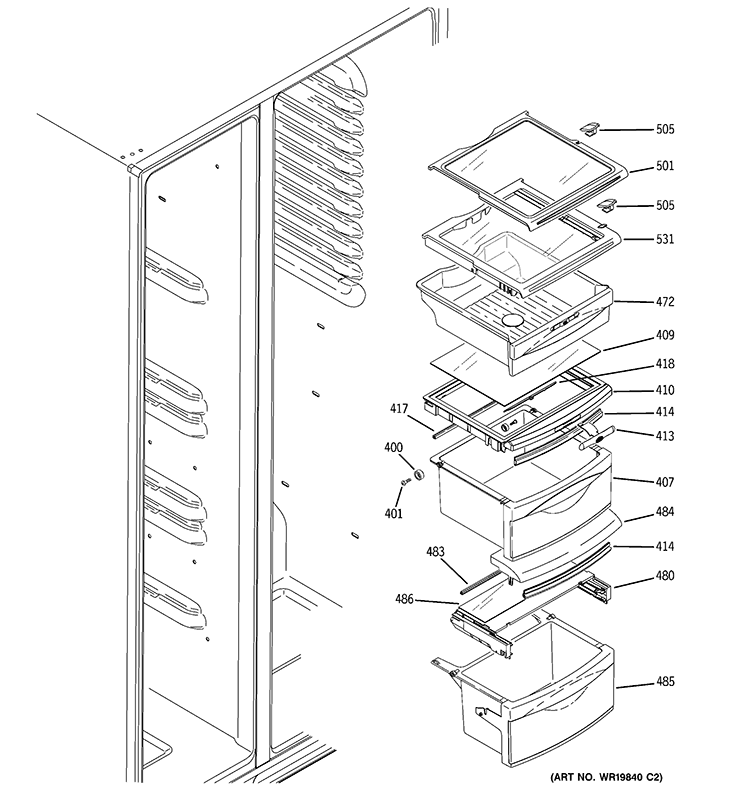 FRESH FOOD SHELVES Diagram and Parts List for GSE26HGEBHWW  General Electric Refrigerator