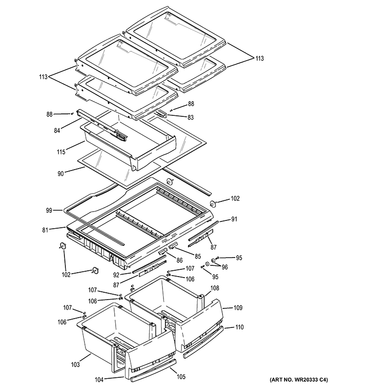 FRESH FOOD SHELVES Diagram and Parts List for PFE22KSEAFSS  General Electric Refrigerator