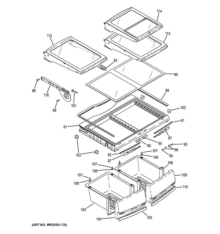 FRESH FOOD SHELVES Diagram and Parts List for PNS20KSEAFSS  General Electric Refrigerator