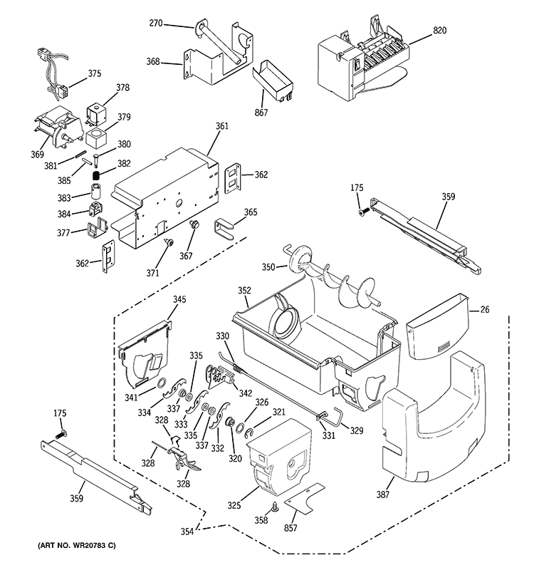 ICE MAKER & DISPENSER Diagram and Parts List for PSS23KSEBCSS  General Electric Refrigerator