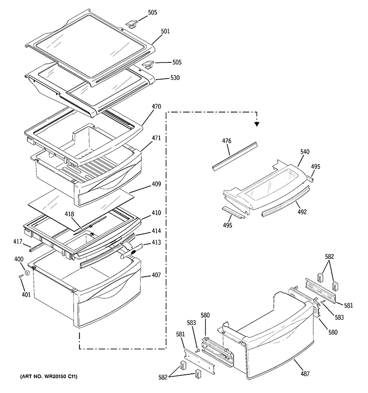 FRESH FOOD SHELVES Diagram and Parts List for PZS23KPEBFBV  General Electric Refrigerator