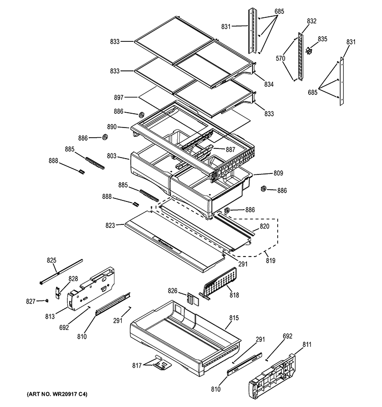 FRESH FOOD SHELVES Diagram and Parts List for DFE29JGDAWW  General Electric Refrigerator