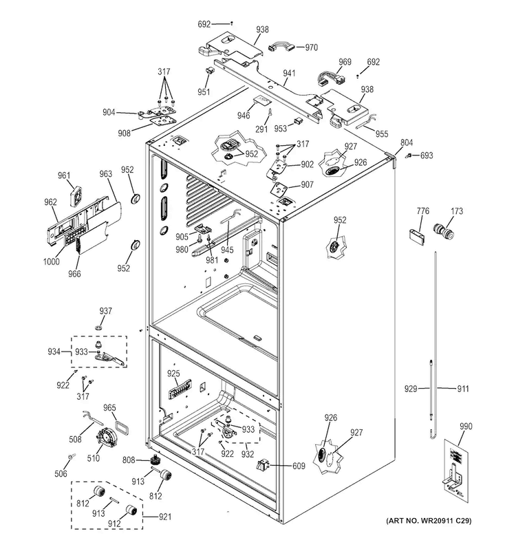 Case Parts Diagram and Parts List for CYE23TSDFSS  General Electric Refrigerator