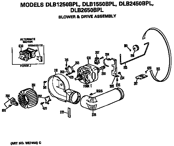 Blower And Drive Assembly Diagram and Parts List for DLB2450BPL  Hotpoint Dryer