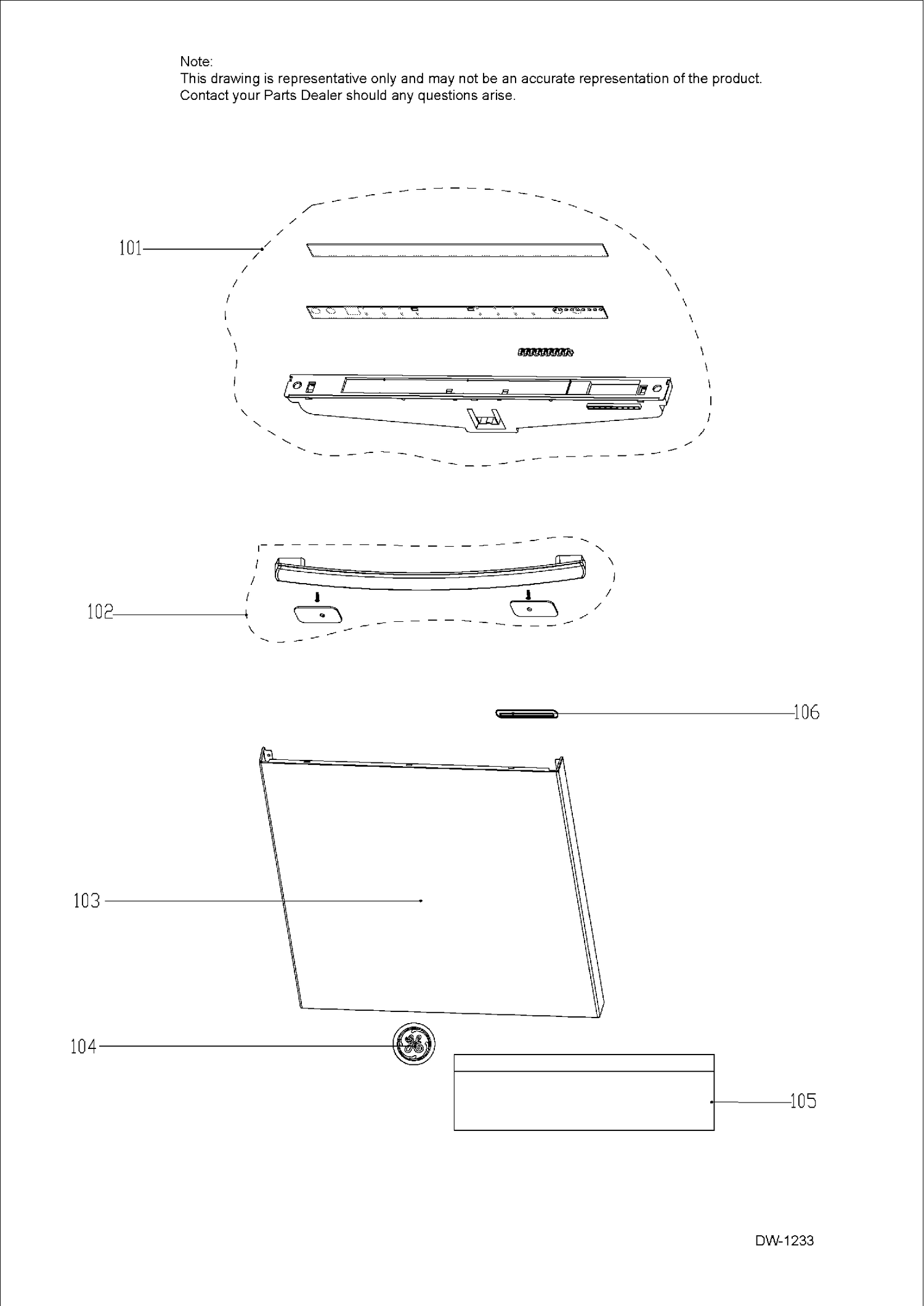 ESCUTCHEON & DOOR ASM Diagram and Parts List for GDT650SGF1BB  General Electric Dishwasher
