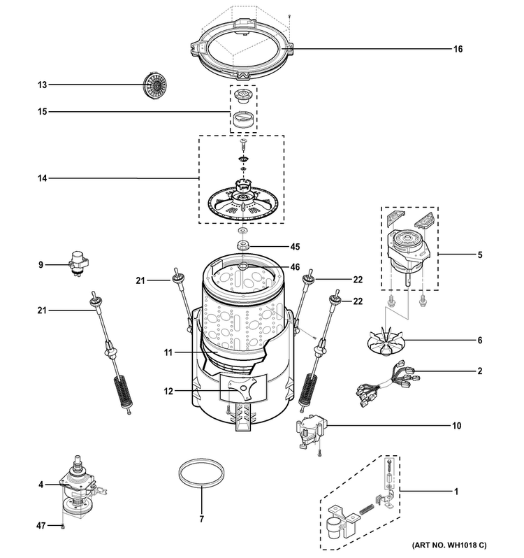 Tub & Motor Diagram and Parts List for WSLS1500H0WW  General Electric Washer
