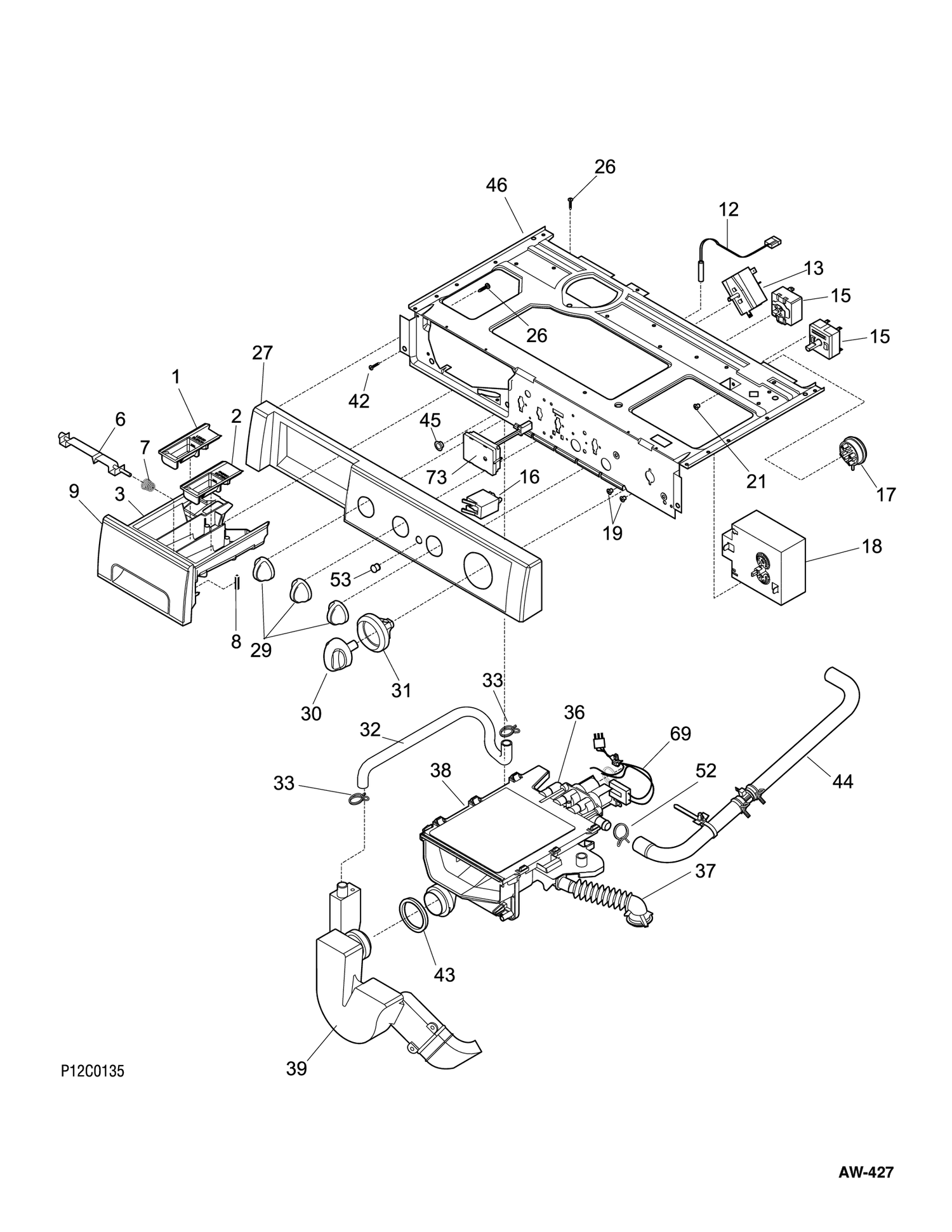 CONTROL PANEL Diagram and Parts List for WCXH214A0WW  General Electric Washer