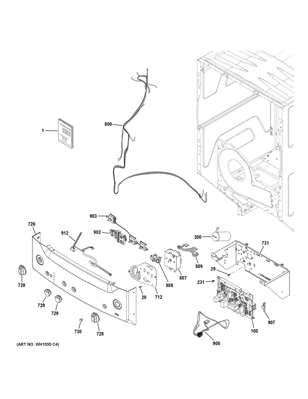 Controls & Backsplash Diagram and Parts List for XUD27GSSM1WW  General Electric Washer Dryer Combo