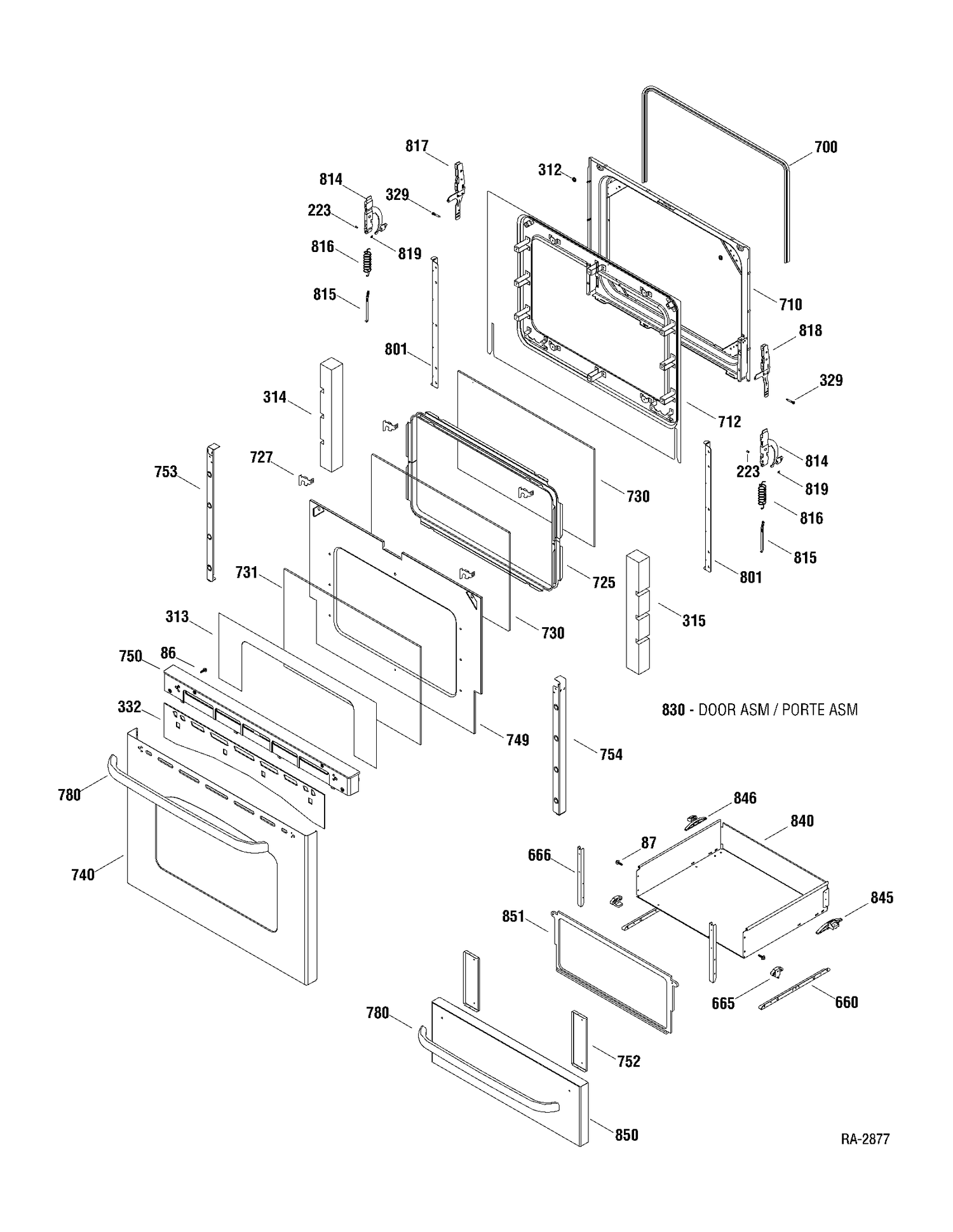 DOOR & DRAWER Diagram and Parts List for JCBP35SP1SS  General Electric Range