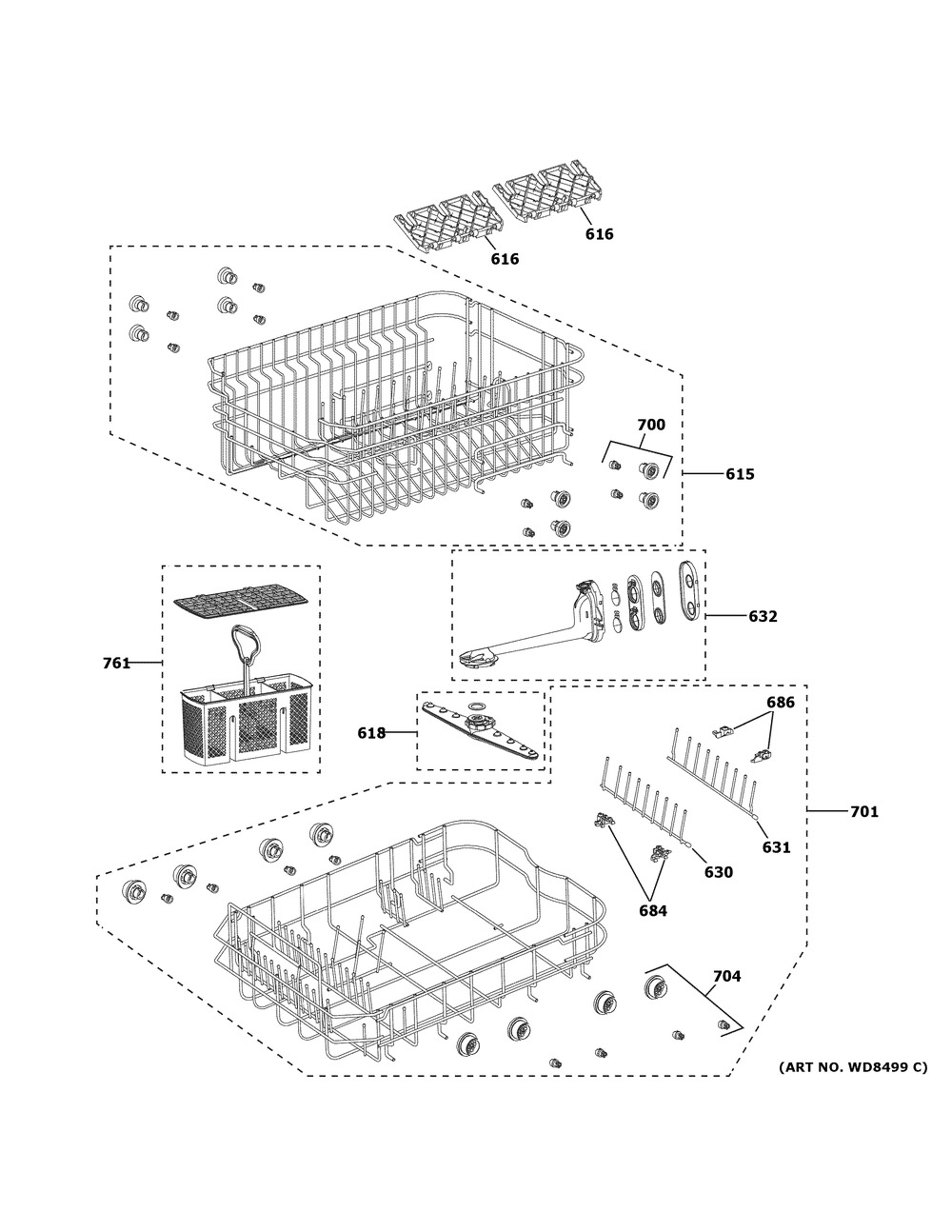 Rack Assemblies Diagram and Parts List for GPT145SSL0SS  General Electric Dishwasher