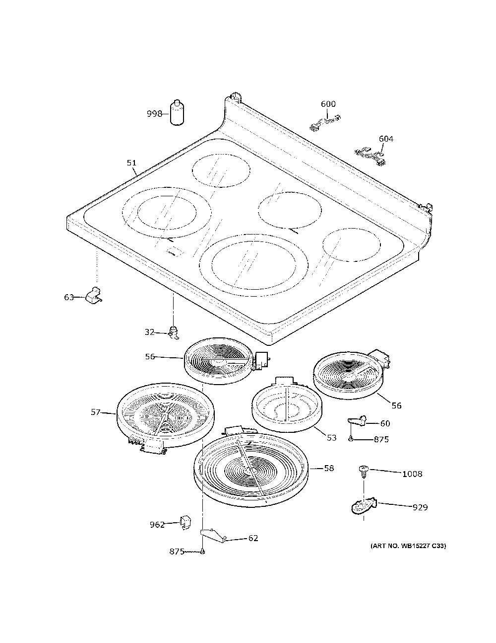 Cooktop Diagram and Parts List for JB735DP3WW  General Electric Range