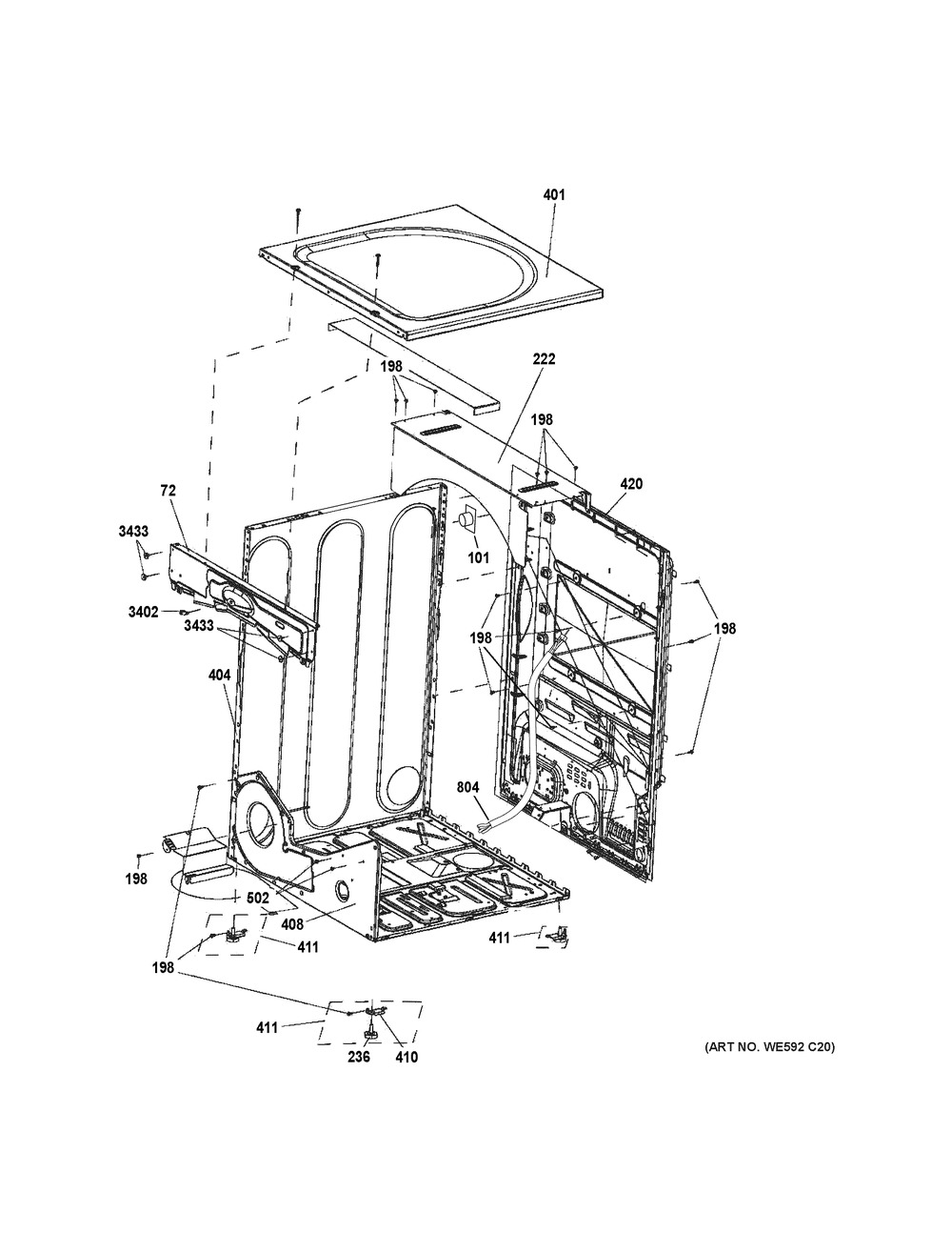 Cabinet & Top Panel Diagram and Parts List for GFD43ESSM1WW  General Electric Dryer
