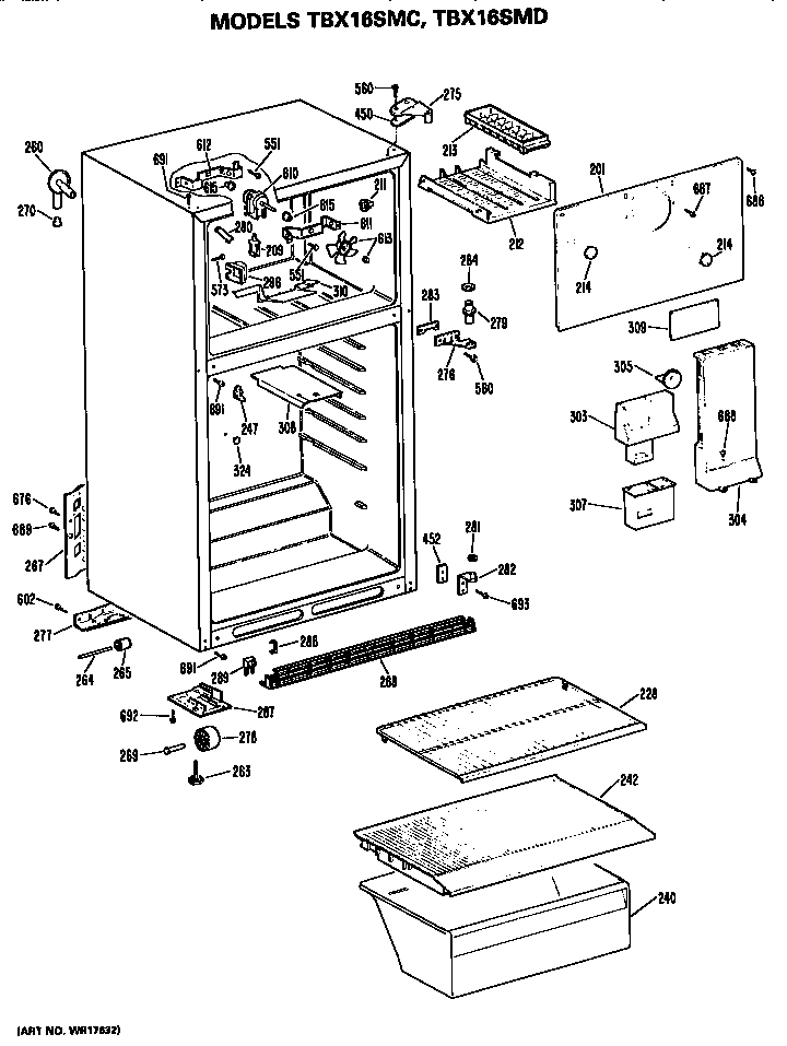 Cabinet Diagram and Parts List for TBX16SMDRHA  General Electric Refrigerator