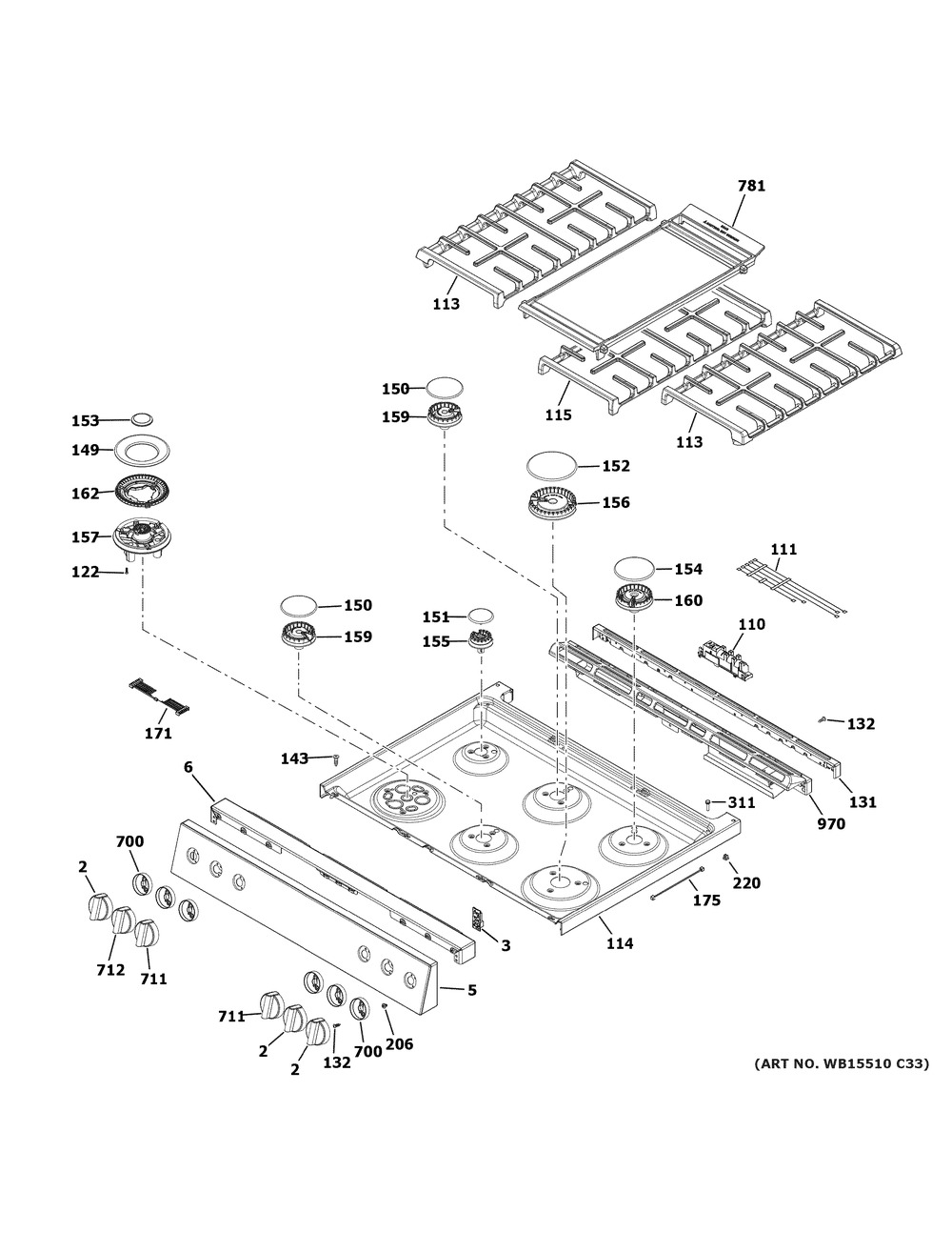 Control Panel & Cooktop Diagram and Parts List for CGS750M2N1S5  General Electric Range