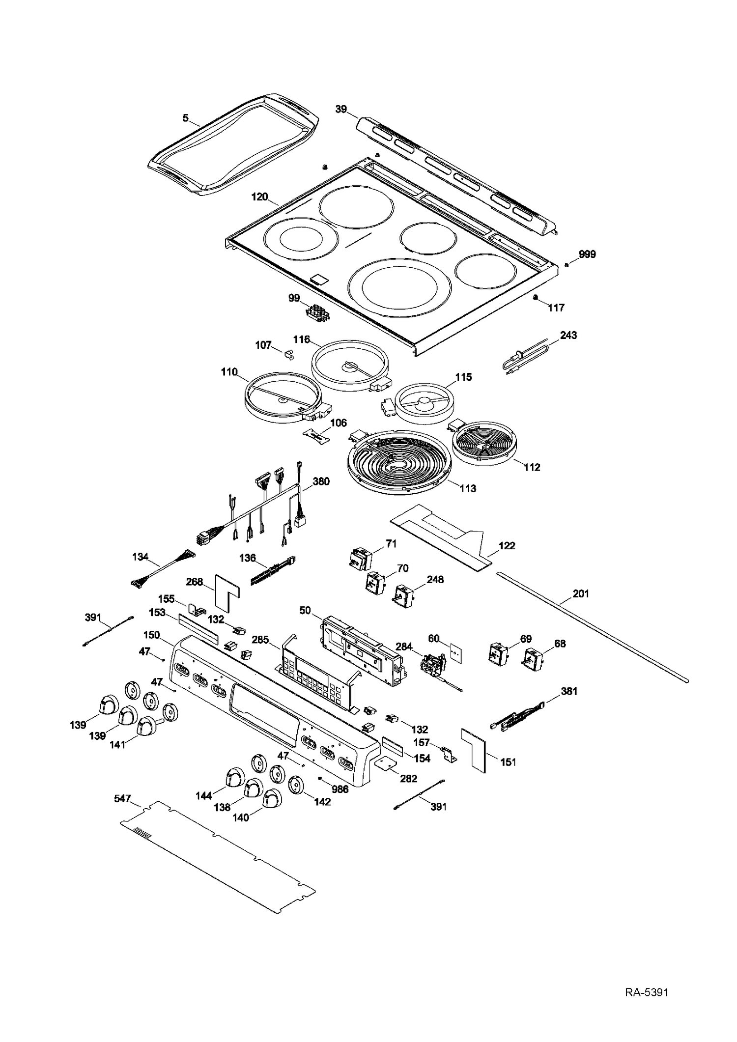 CONTROL PANEL & COOKTOP Diagram and Parts List for CBC980ST4SS  General Electric Range