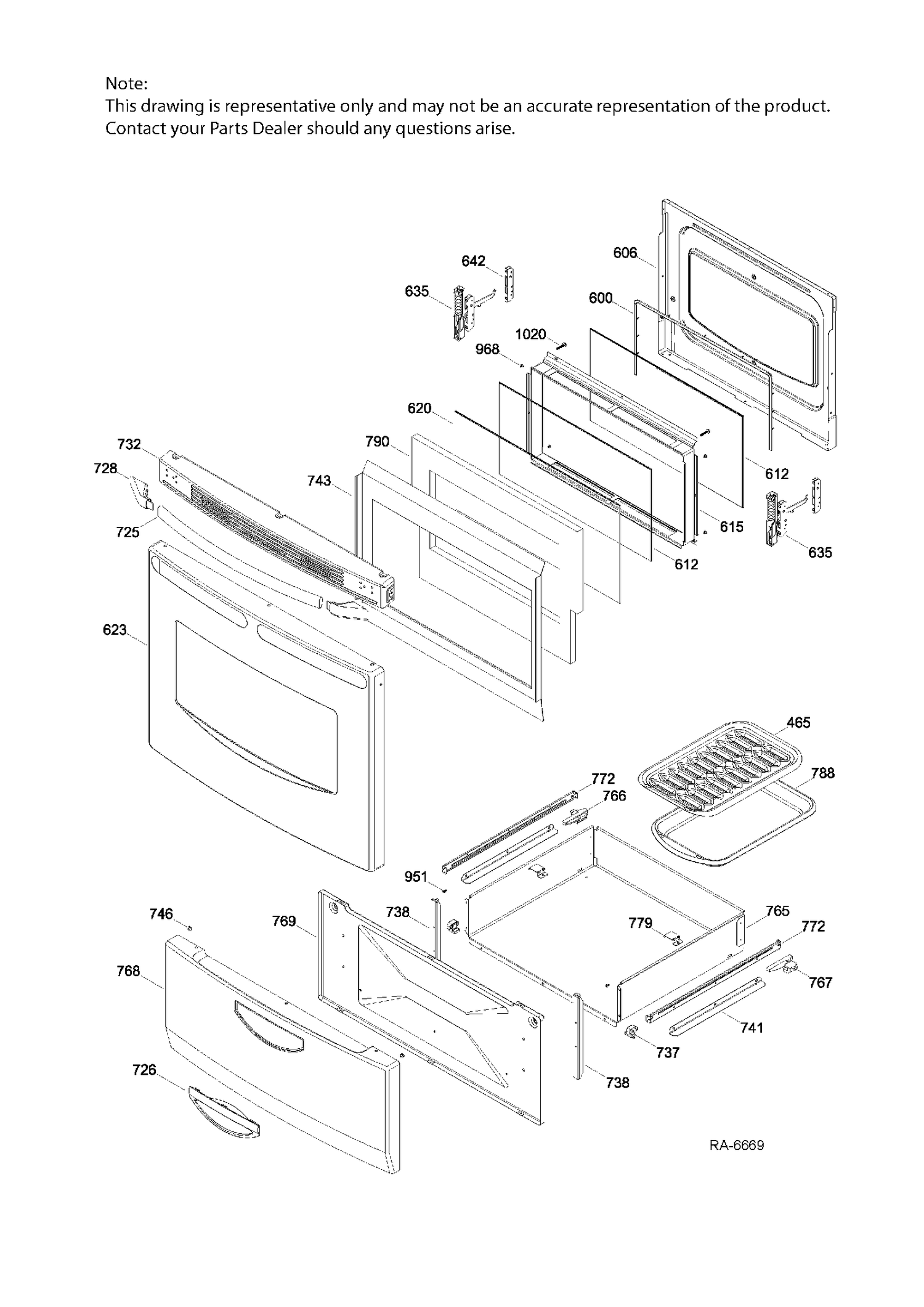 DOOR & DRAWER PARTS Diagram and Parts List for JCAS745M3BB  General Electric Range
