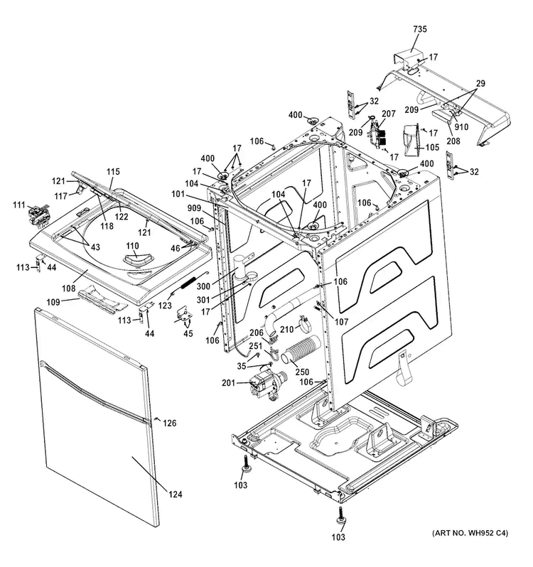 Cabinet Diagram and Parts List for GTUP240EM4WW  General Electric Washer Dryer Combo