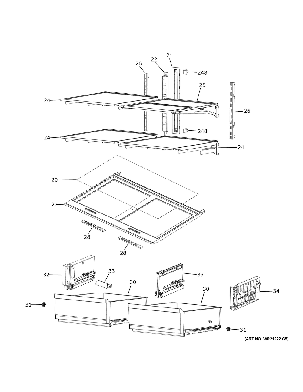 Refrigerator Shelves Diagram and Parts List for PAE28BYTBFS  General Electric Refrigerator