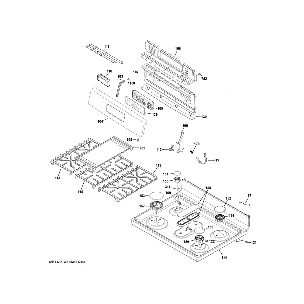 Control Panel & Cooktop Diagram and Parts List for JGBS66EEK7ES  General Electric Range