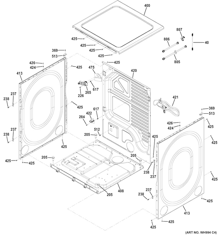 Cabinet & Top Panel Diagram and Parts List for GFDR480GF1WW  General Electric Dryer