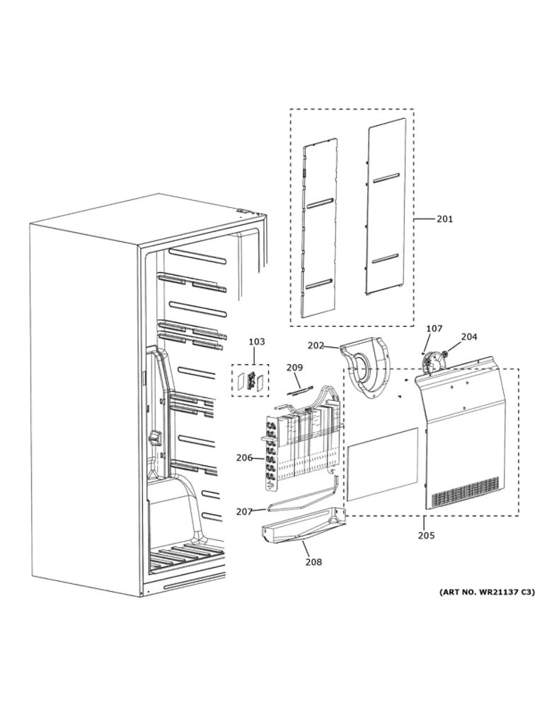Freezer Section Diagram and Parts List for FUF14QRRAWW  General Electric Freezer