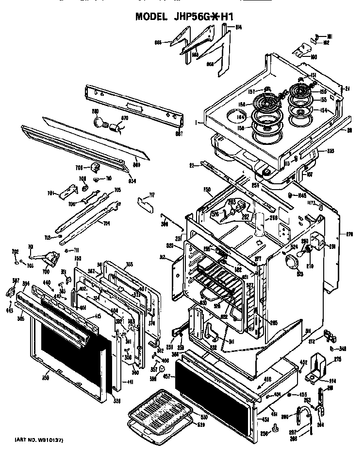 Body Diagram and Parts List for JHP56G*H1  General Electric Range