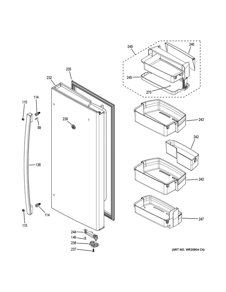 Fresh Food Door - Rh Diagram and Parts List for PWE23KGDEWW  General Electric Refrigerator