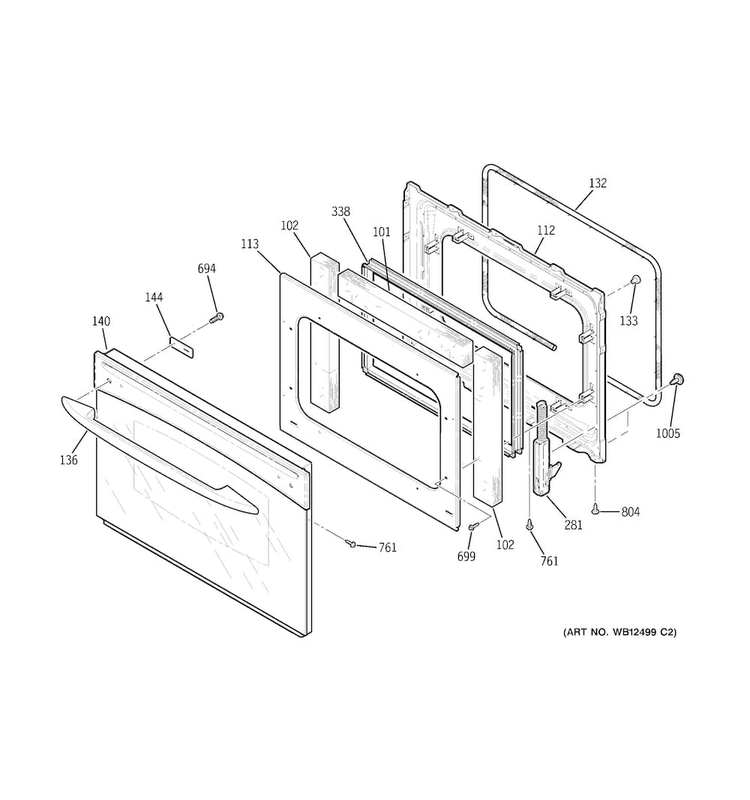 Door Diagram and Parts List for JDP39WK5WW  General Electric Range