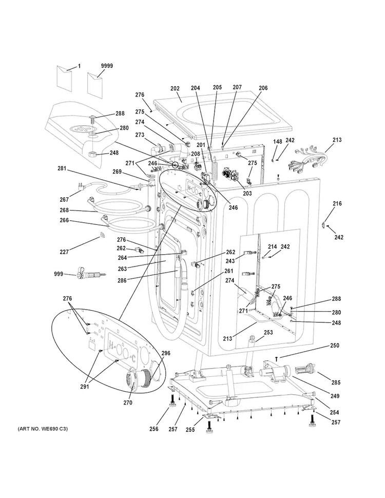 Cabinet & Top Panel Diagram and Parts List for GFWN1600J1WW  General Electric Washer