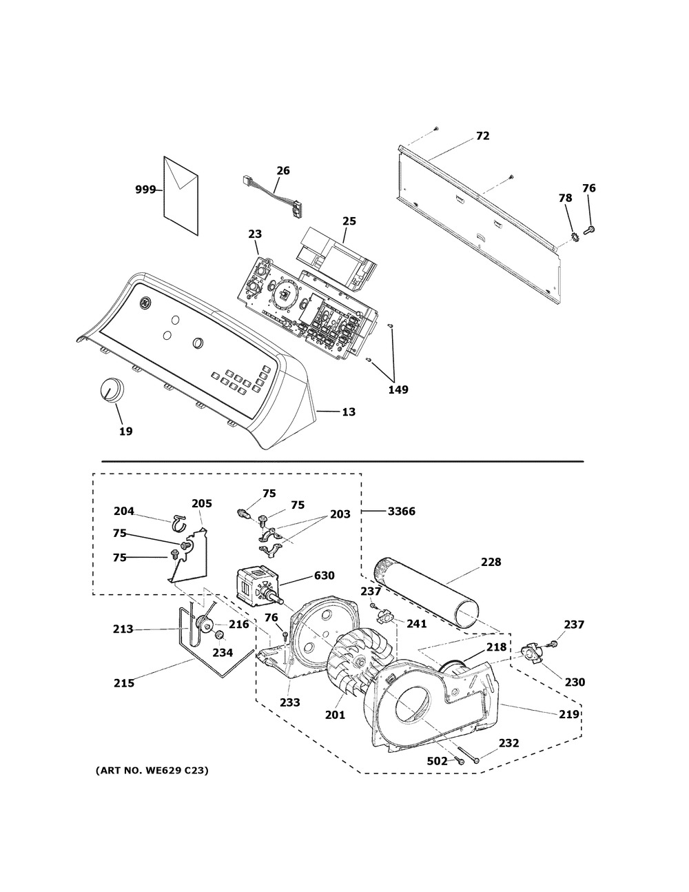 Backsplash, Blower & Motor Assembly Diagram and Parts List for GTD84ECSN0WS  General Electric Dryer