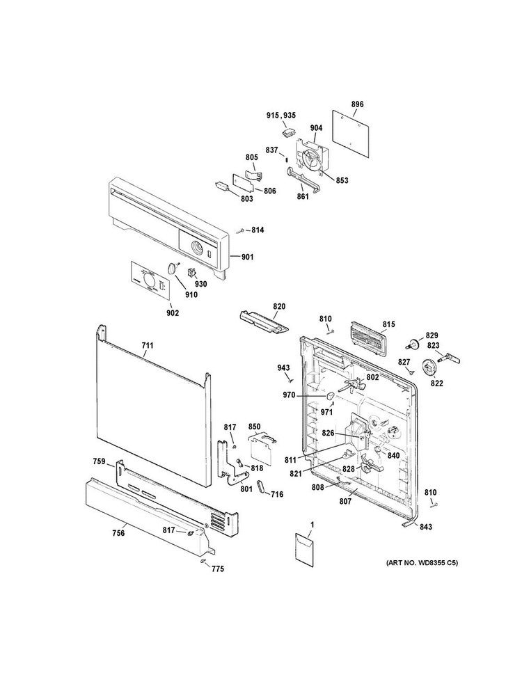 Escutcheon & Door Assembly Diagram and Parts List for MSD2100V50WW  General Electric Dishwasher