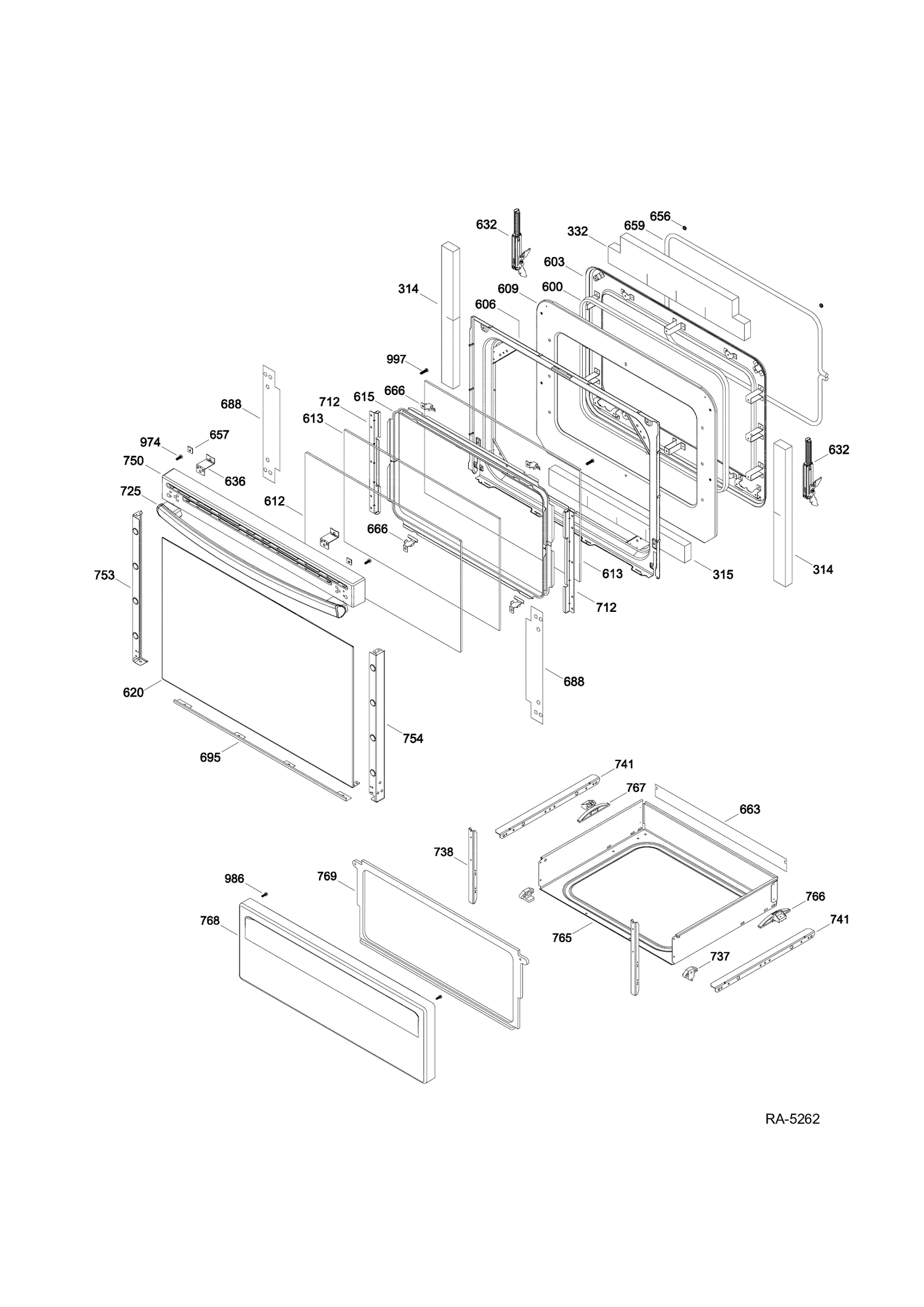 DOOR & DRAWER Diagram and Parts List for JCB730DF1BB  General Electric Range