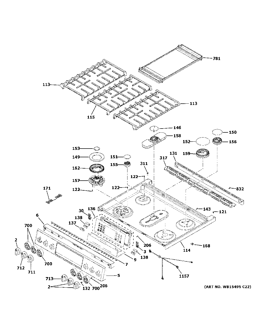 Control Panel And Cooktop Diagram and Parts List for PGS930BP2TS  General Electric Range