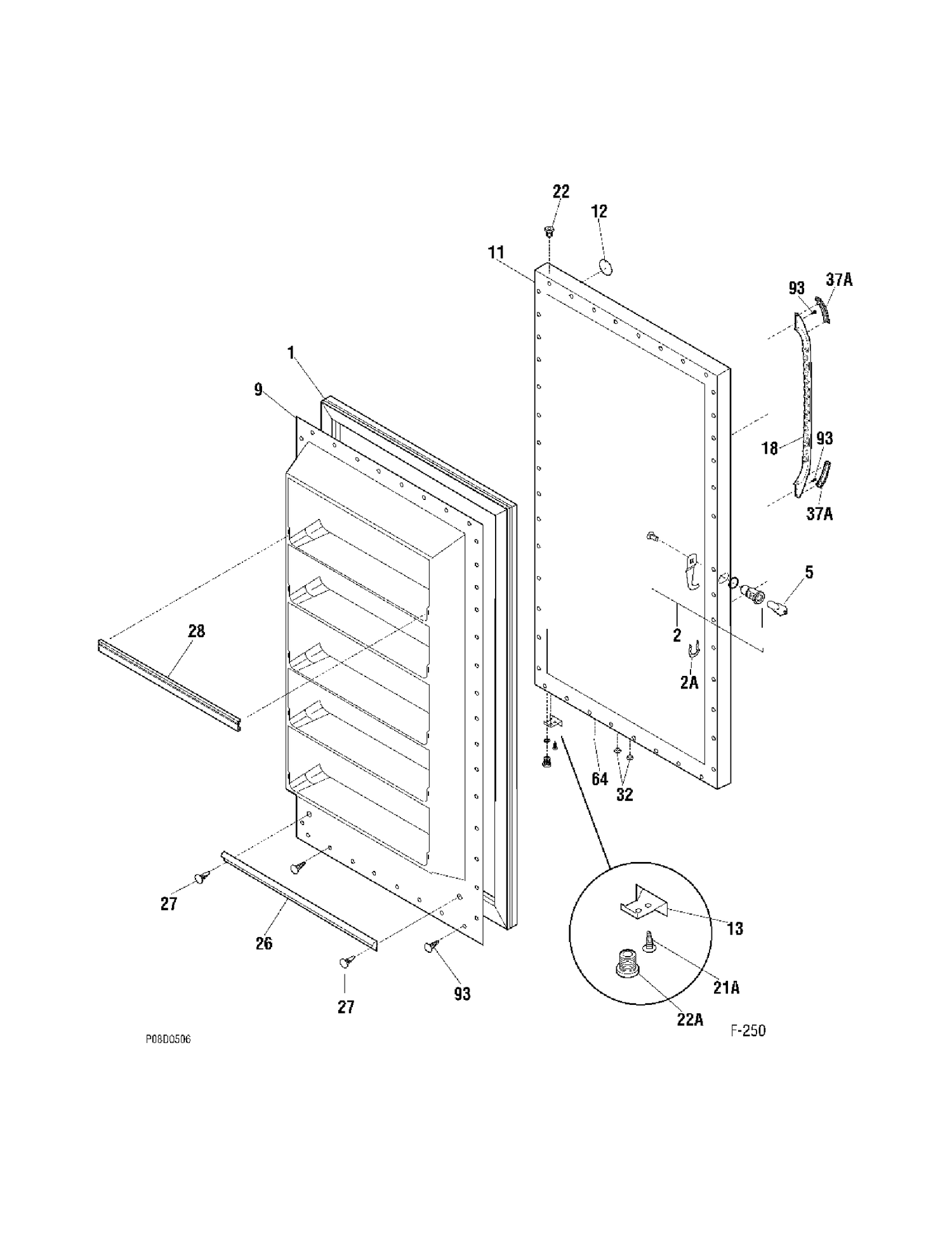 DOOR Diagram and Parts List for FUF20DTDRWH  General Electric Freezer