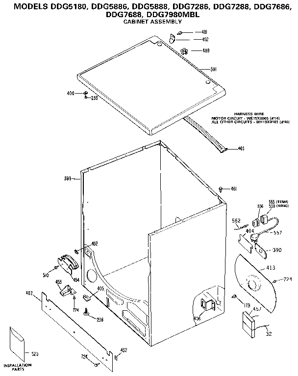 Cabinet Assembly Diagram and Parts List for DDG5180  General Electric Dryer