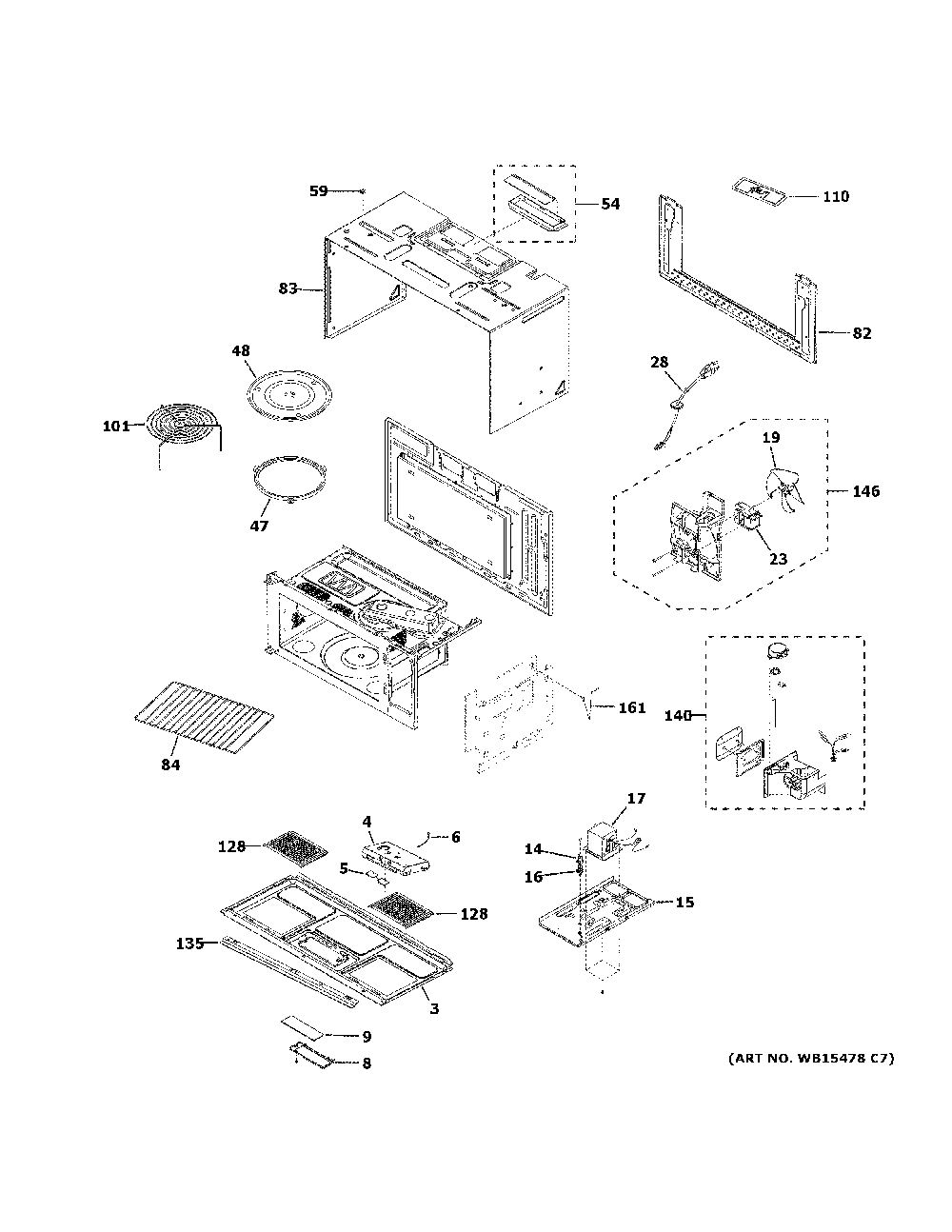 Oven Cavity Parts Diagram and Parts List for CVM517P4M2W2  General Electric Microwave