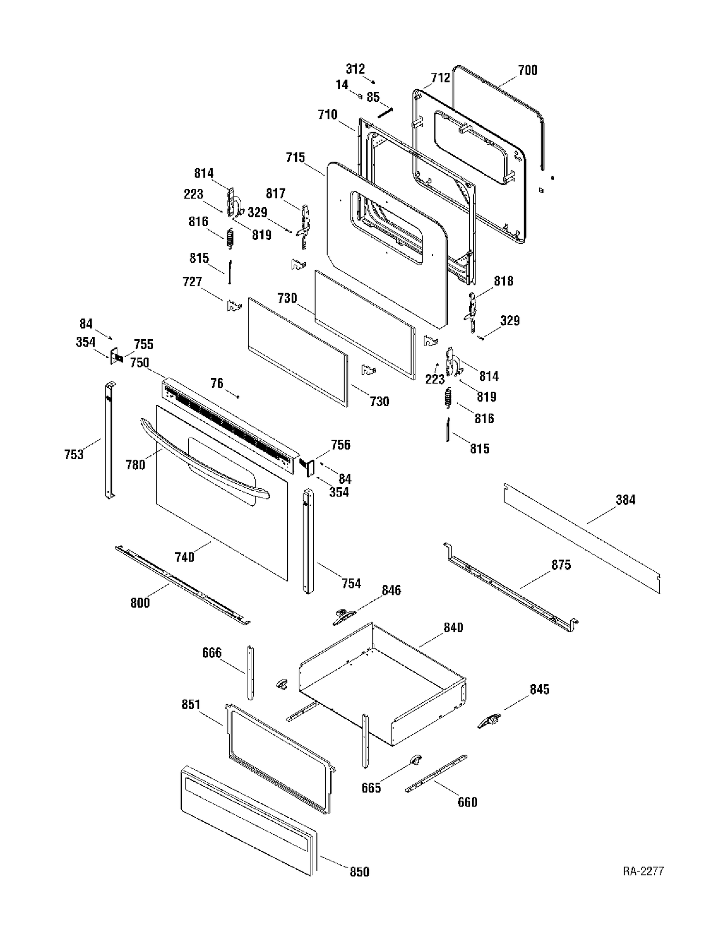 DOOR & DRAWER Diagram and Parts List for JCBP23DM1WW  General Electric Range