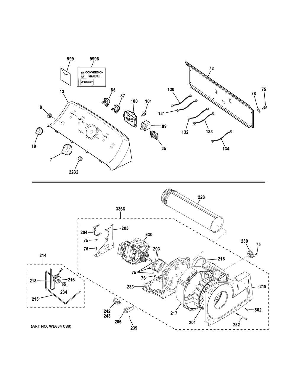 Backsplash, Blower And Motor Assembly Diagram and Parts List for ETD48GASW0WB  General Electric Dryer