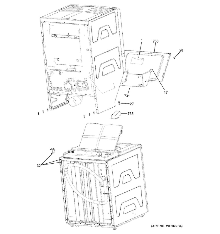Cabinet Diagram and Parts List for GTUN275EM2WW  General Electric Washer Dryer Combo