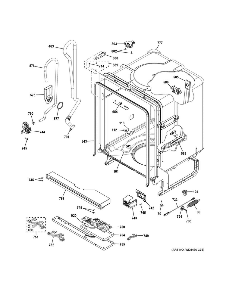 Body Parts Diagram and Parts List for GDF510PMJ2SA  General Electric Dishwasher