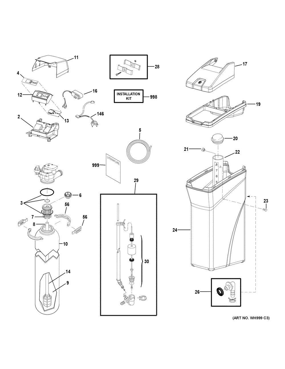 Body Parts Diagram and Parts List for GXMH31H01  General Electric Water Filter System