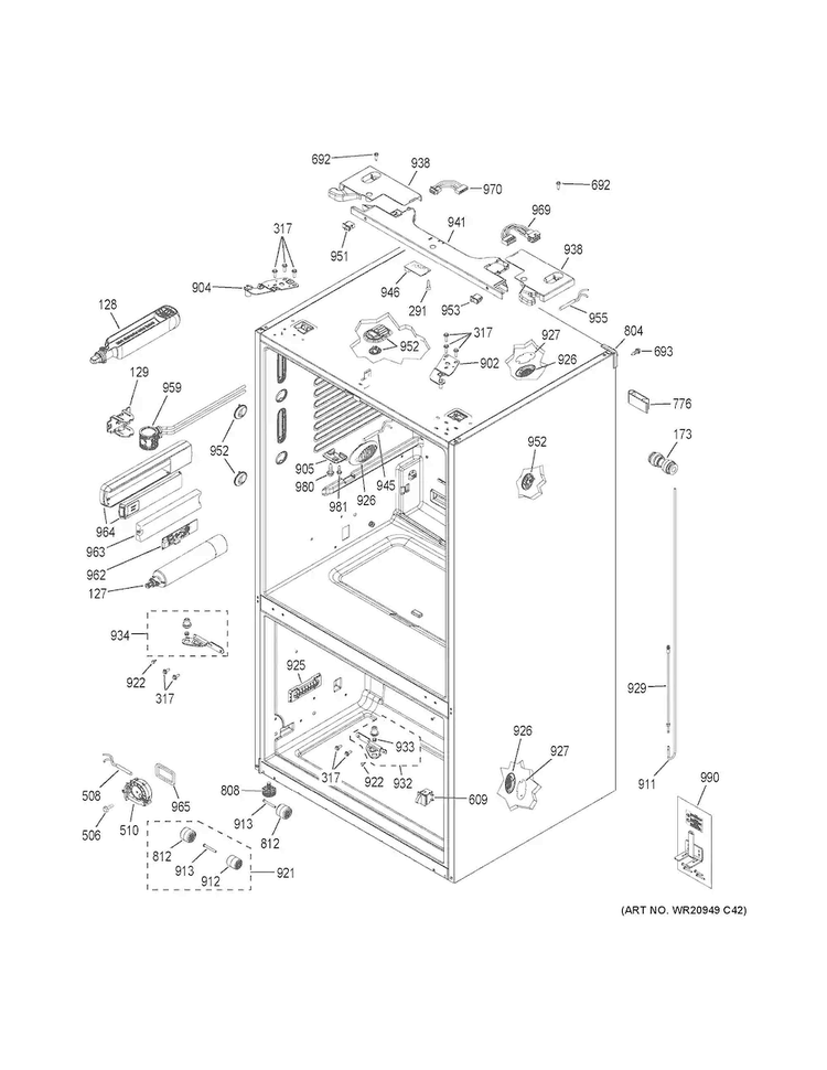 Case Parts Diagram and Parts List for CYE22TSHJSS  General Electric Refrigerator