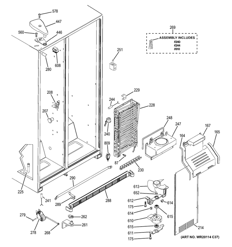 Freezer Section Diagram and Parts List for GSF25JGDSWW  General Electric Refrigerator
