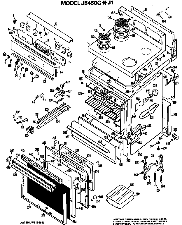 Main Body/cooktop/controls Diagram and Parts List for JB450G*J1  General Electric Range