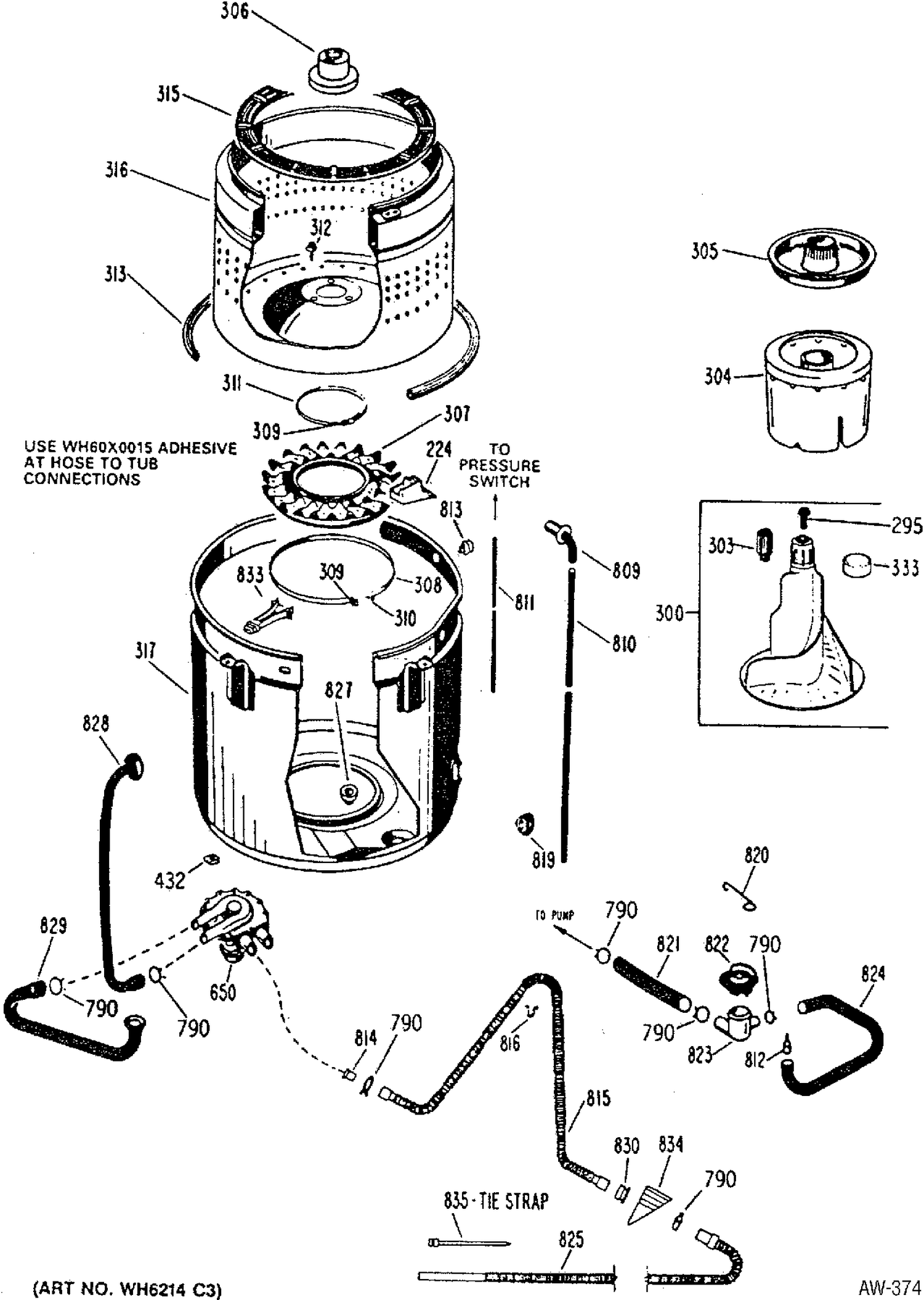 TUB, BASKET & AGITATOR Diagram and Parts List for GWL3080RBL  General Electric Washer