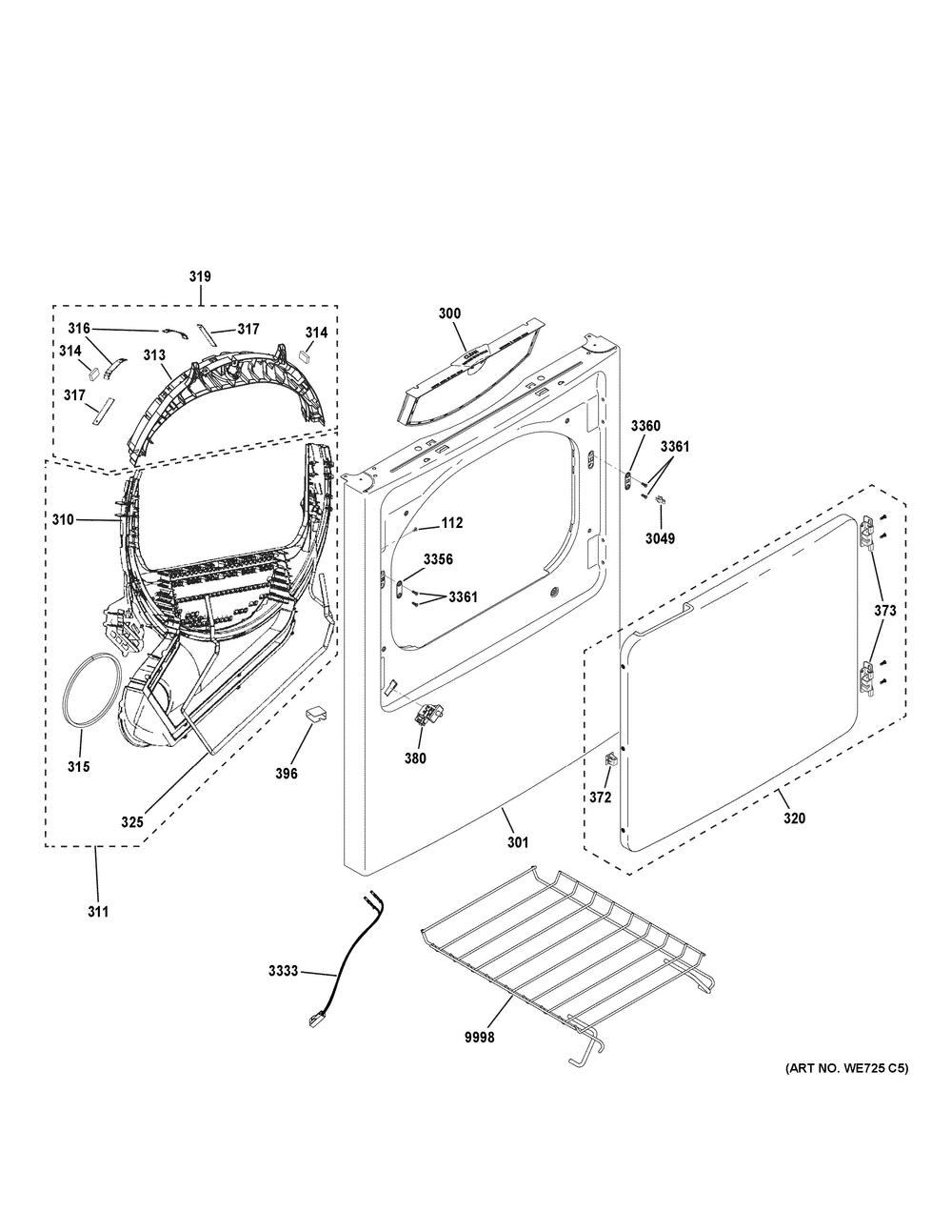 Front Panel And Door Diagram and Parts List for GTD38EASW0WS  General Electric Dryer