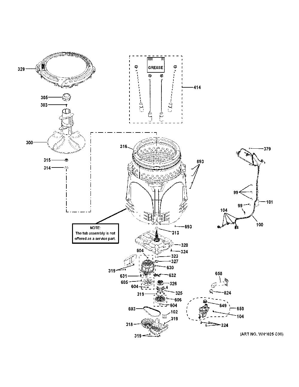 Tub And Motor Diagram and Parts List for GTW220ACK7WW  General Electric Washer