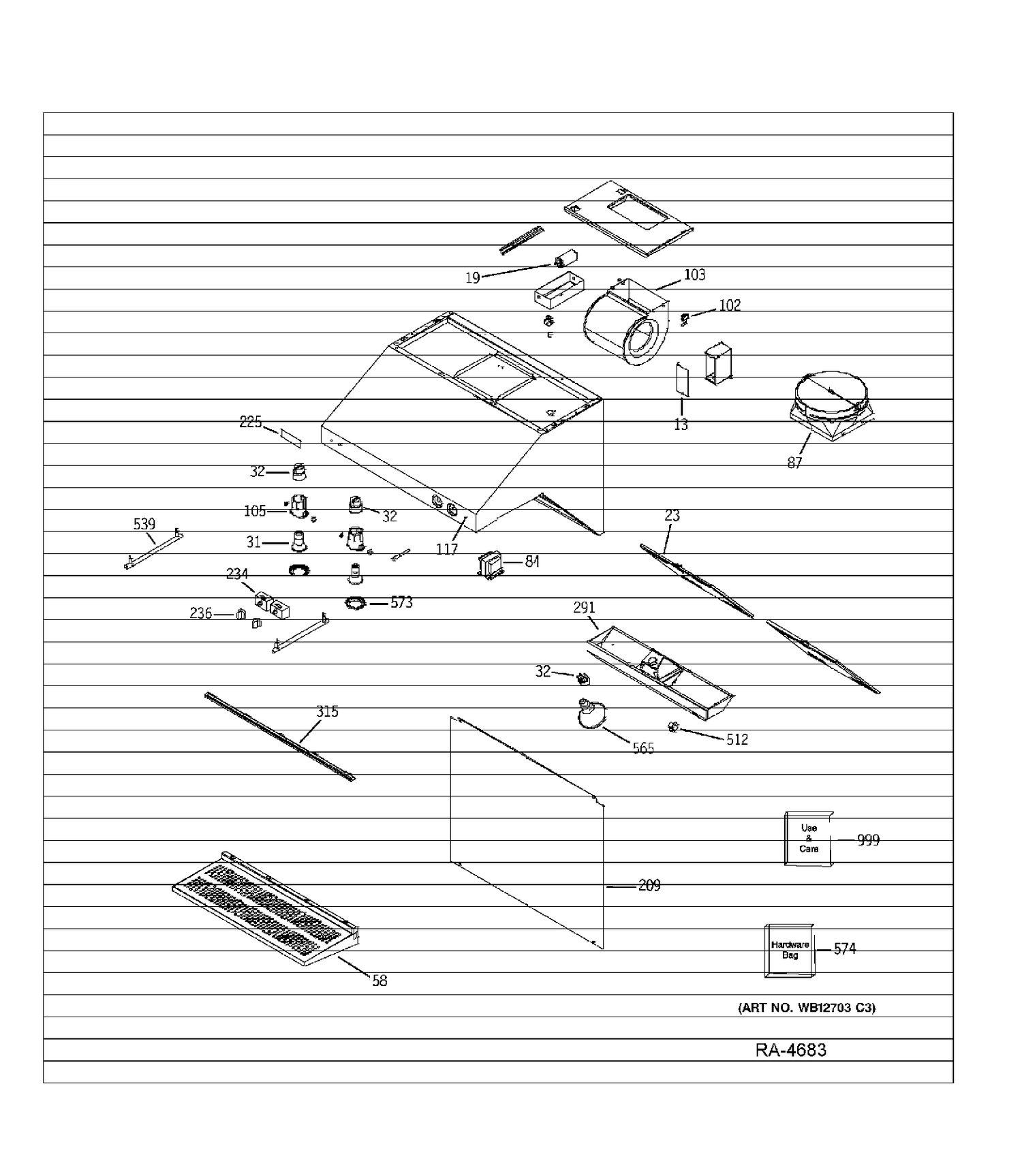 RANGE HOOD Diagram and Parts List for ZV36RSF2SS  General Electric Range Hood