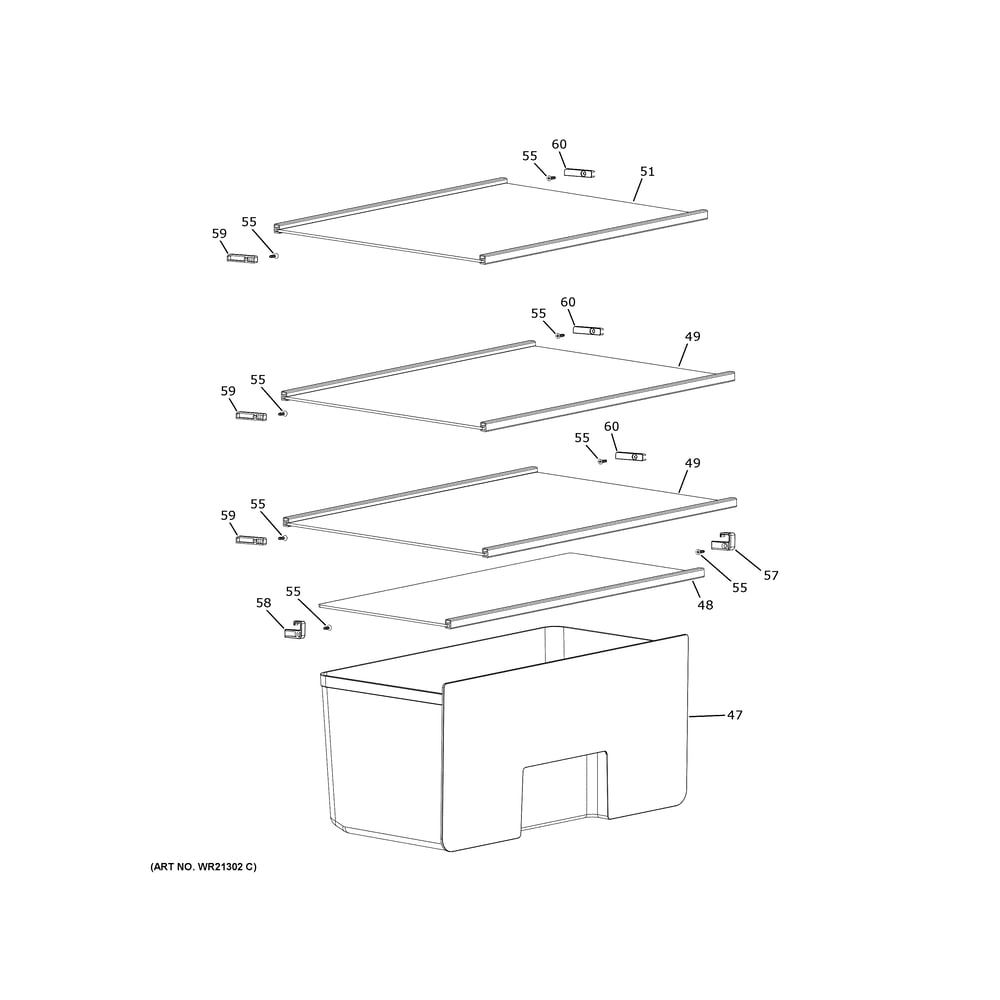 Shelves & Drawer Diagram and Parts List for PPV10R5YRBSS  General Electric Refrigerator